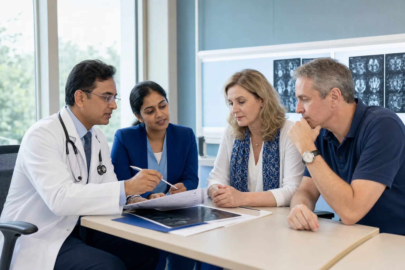 A patient and family reviewing medical reports with healthcare professionals