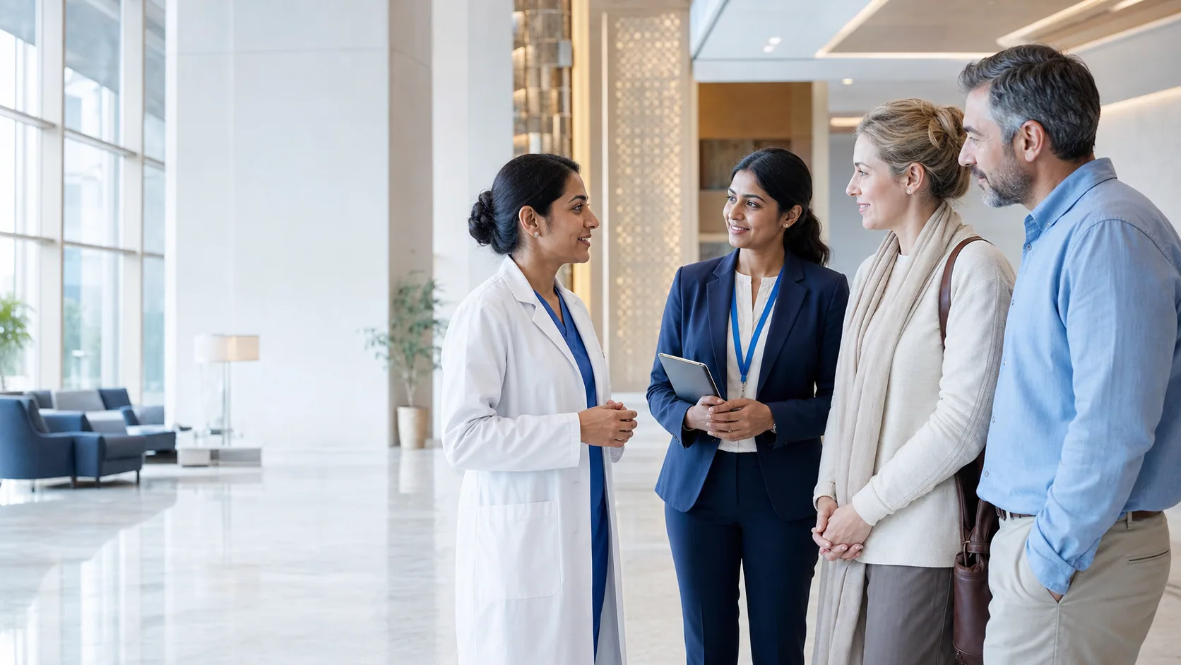 An Indian healthcare professional speaking with an international patient and family in a modern hospital